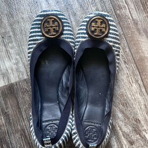 Tory Burch Navy and White Striped Flats